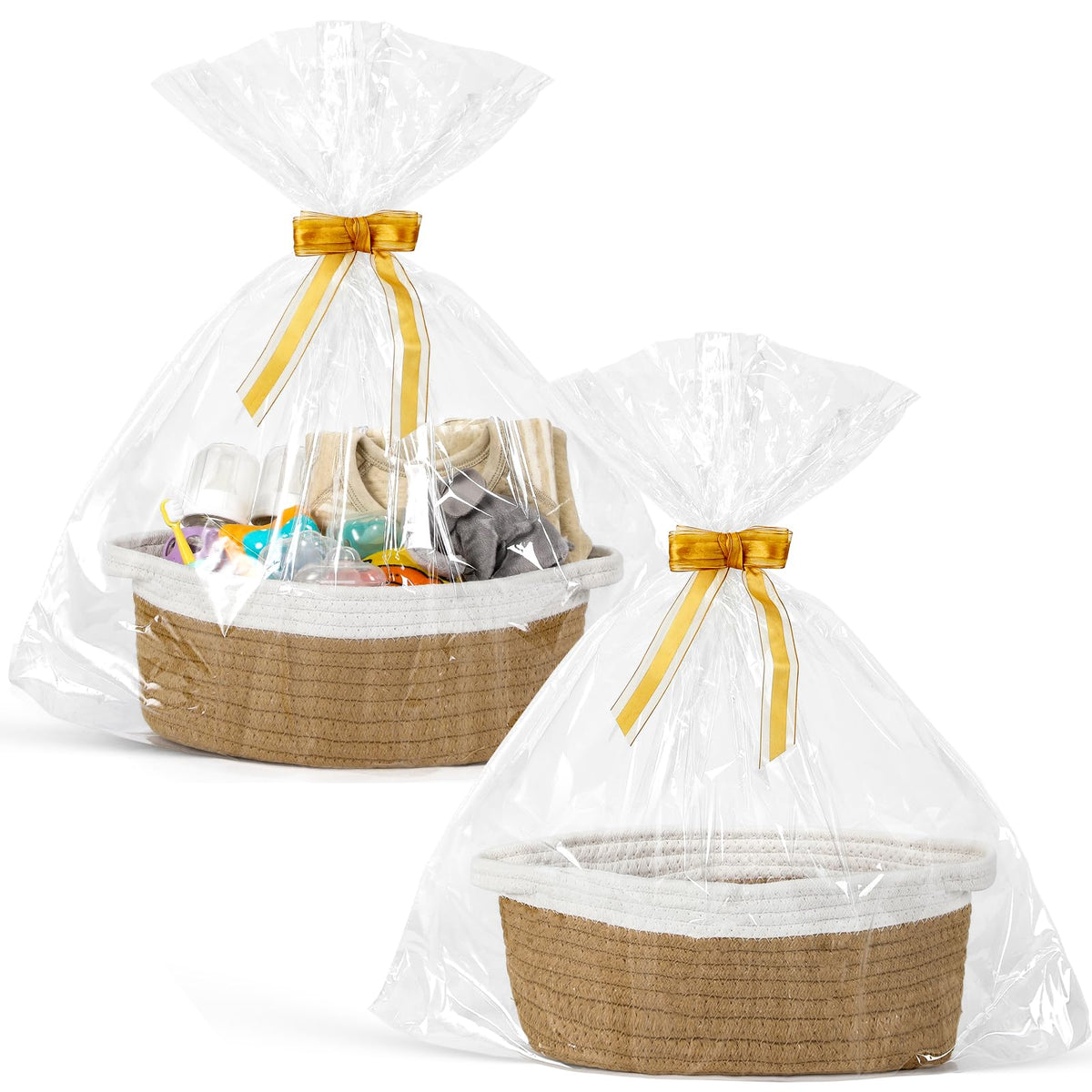 2 Pack Small Woven Basket with Gift Bags and Ribbons, Empty Decorative Gift Chest Box, Cute Baby Gift Basket for Nursery, Cotton Rope Room Shelf Storage Basket with Handles, All 12"x 8"x 5",White