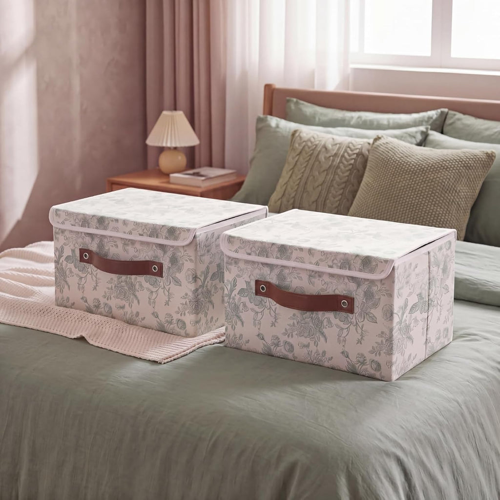 2 Pack Sage Green Floral Storage Bin with Lids, 15x10x10 Inch
