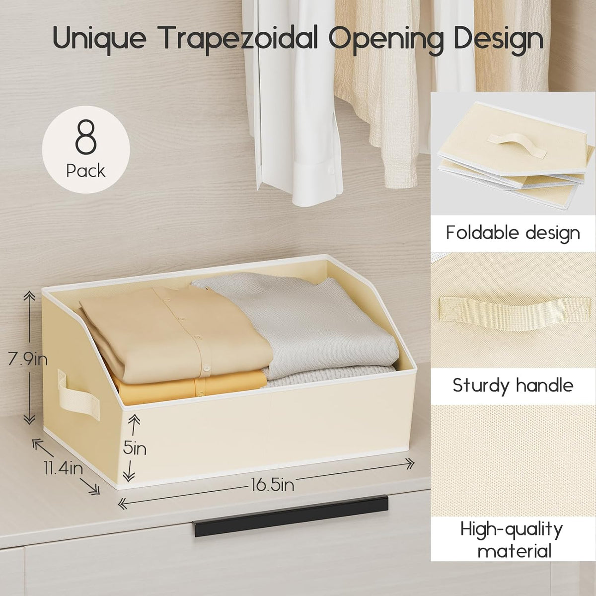 Homsorout Large Closet Organizers and Storage Bins - 8 Pack Trapezoid Storage Baskets for Shelves, Foldable Fabric Baskets with Handles Ideal for Closet, Basket, Wardrobe and Shelf Storage, Beige