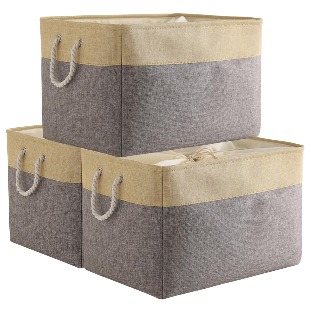 TheWarmHome Storage Basket for Organizing - Medium 3 Pack 14x10x7 inch Fabric Storage Cubes for Shelves with Rope, Collapsible Storage Bin for Organizer Closet Cloth Gift Toy (White & Jean Blue)