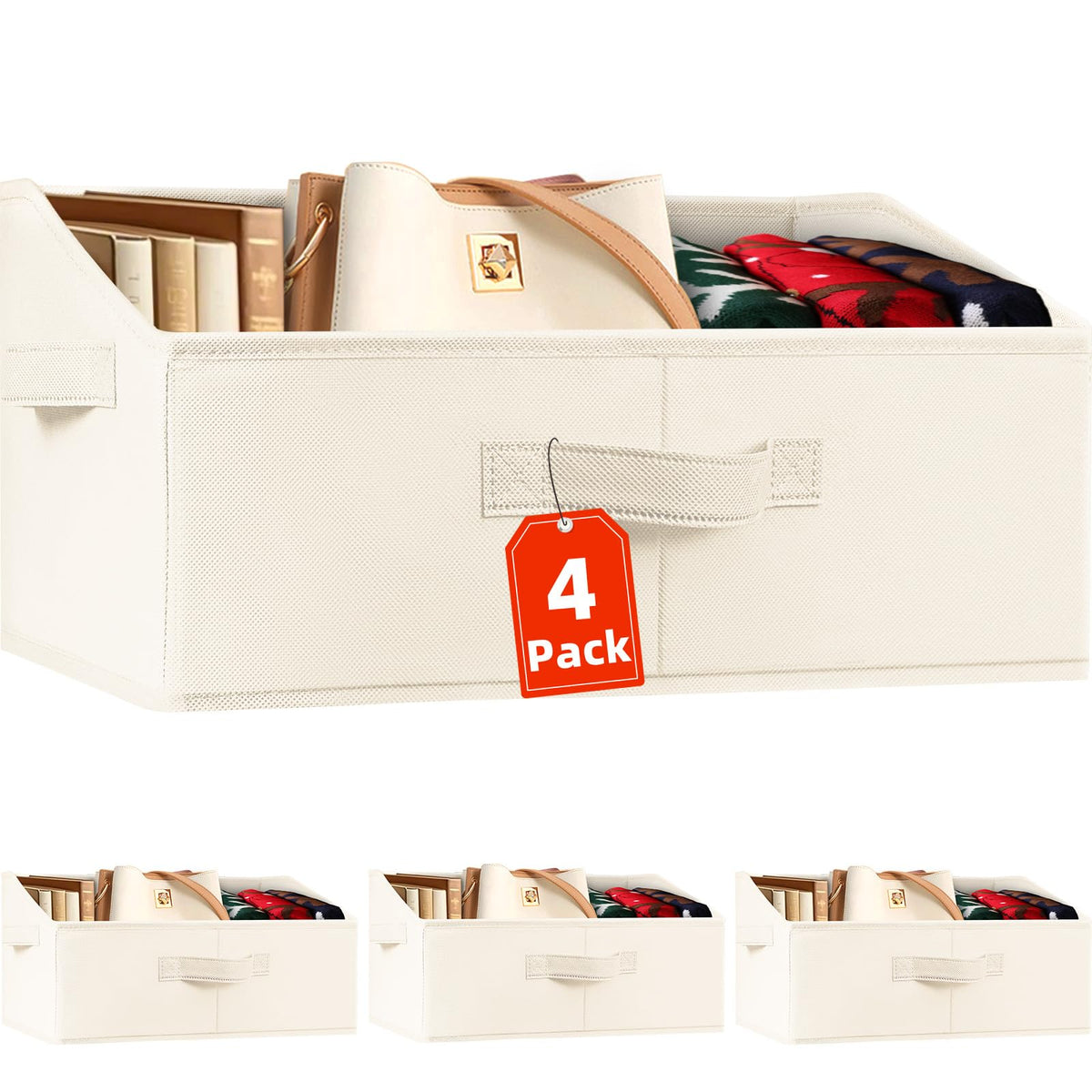 Criusia Closet Organizers Bins 4 Pack - Large Collapsible Shelf Organizer with Handles - Fabric Trapezoid Home Organization and Storage Baskets for Organizing Clothes Toy Blanket Towel Purse Hats