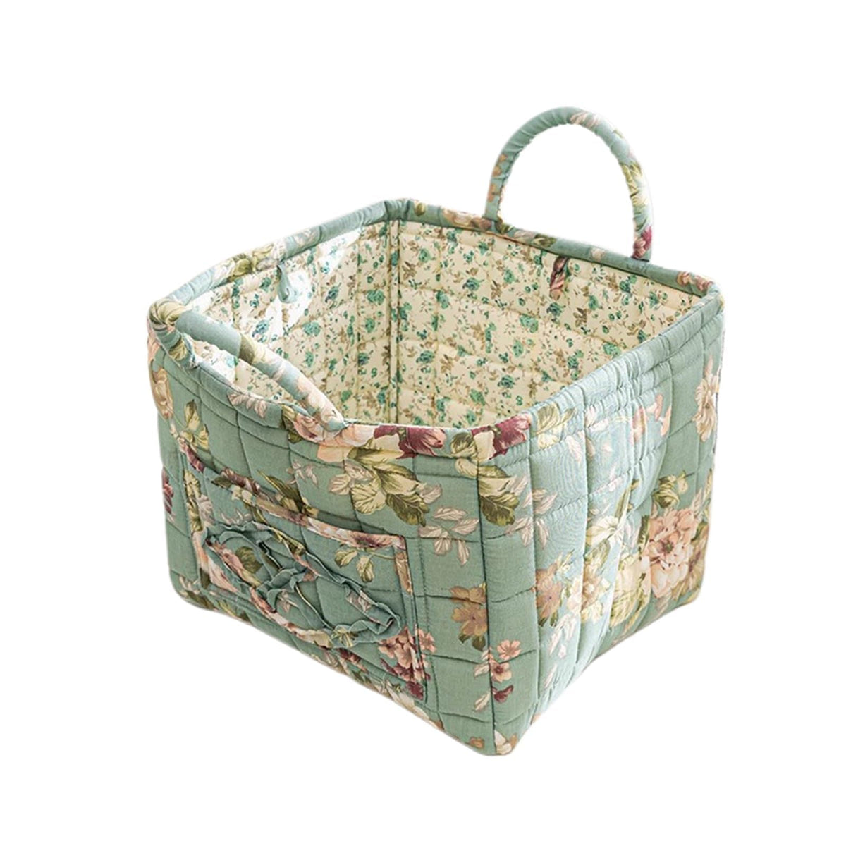 Quilted Fabric Storage Basket with Handles – Boho Foldable Floral Organizer Bin for Home, Picnic, Shopping, Travel 13"x11"x10" (Olive Floral)