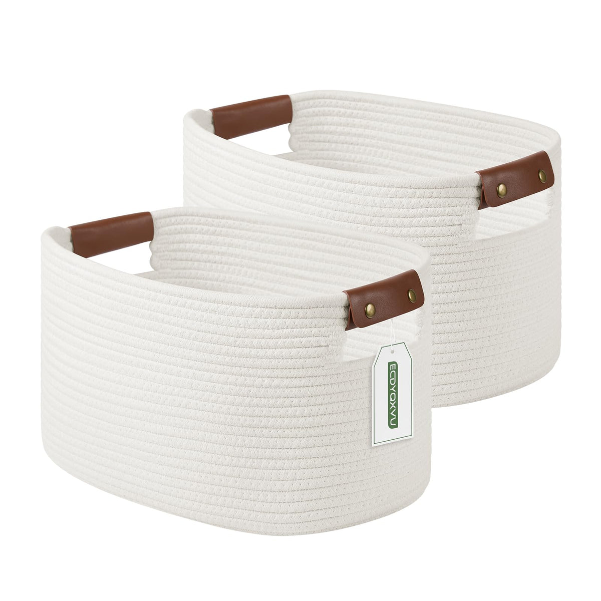 ECDYQXVU 15x10x9 Woven Cotton Rope Storage Basket, Leather Handles 1 Pack