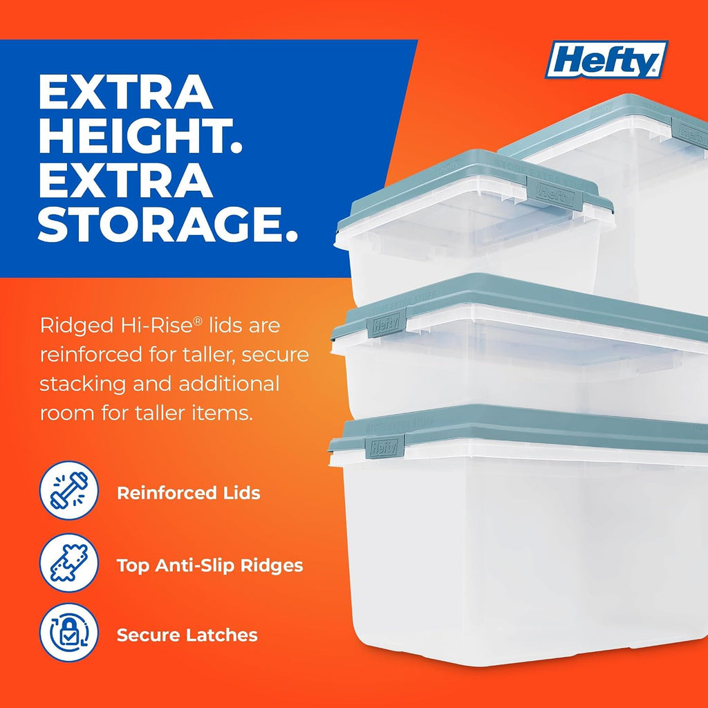 Hefty HI-RISE Stackable Storage Bins - Under Bed Storage Containers with Lids, Shoe Organizer, Plastic Storage Bins, Clear Shoe Boxes with XL Lid-Locking Latches, Durable Double Rim - 72qt (6 Pack)