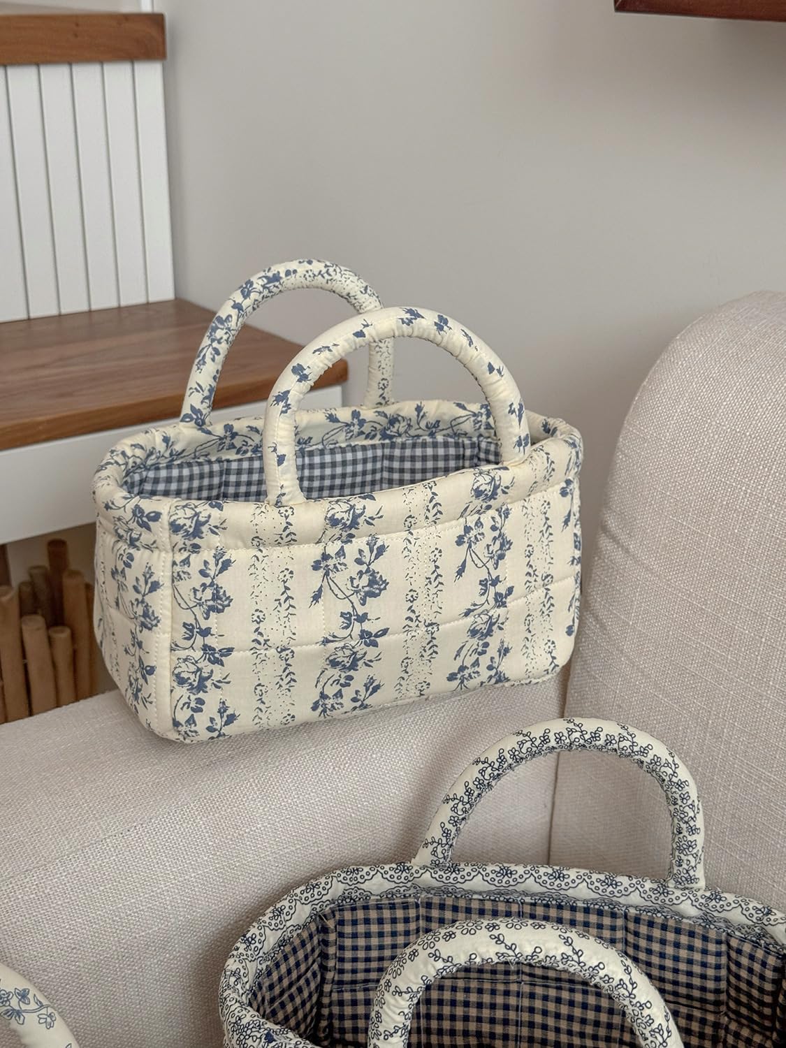 Small Storage Basket Organizer, Mini Fabric Floral Storage Baskets with Handle, Quilted Portable Collapsible Storage (Blue Floral)