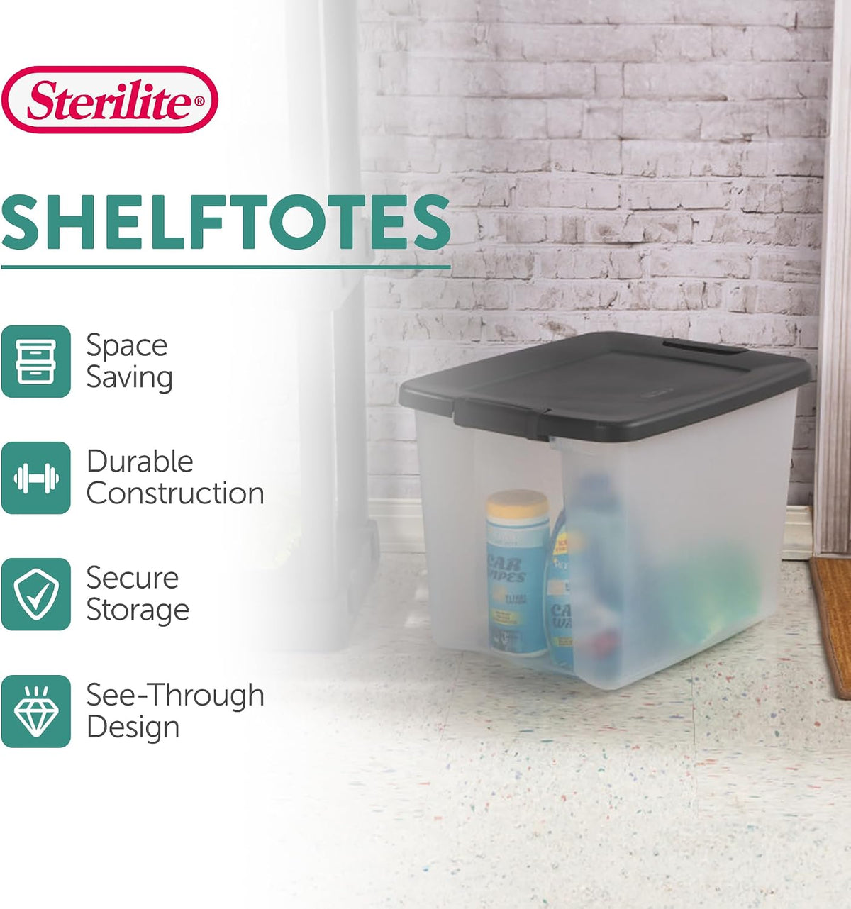 Sterilite 50 Qt ShelfTote, Clear Storage Bin with Latching Lid, 6 Pack