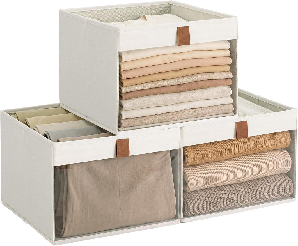 StorageWorks Fabric Storage Bins with Clear Window, Beige, 3-Pack