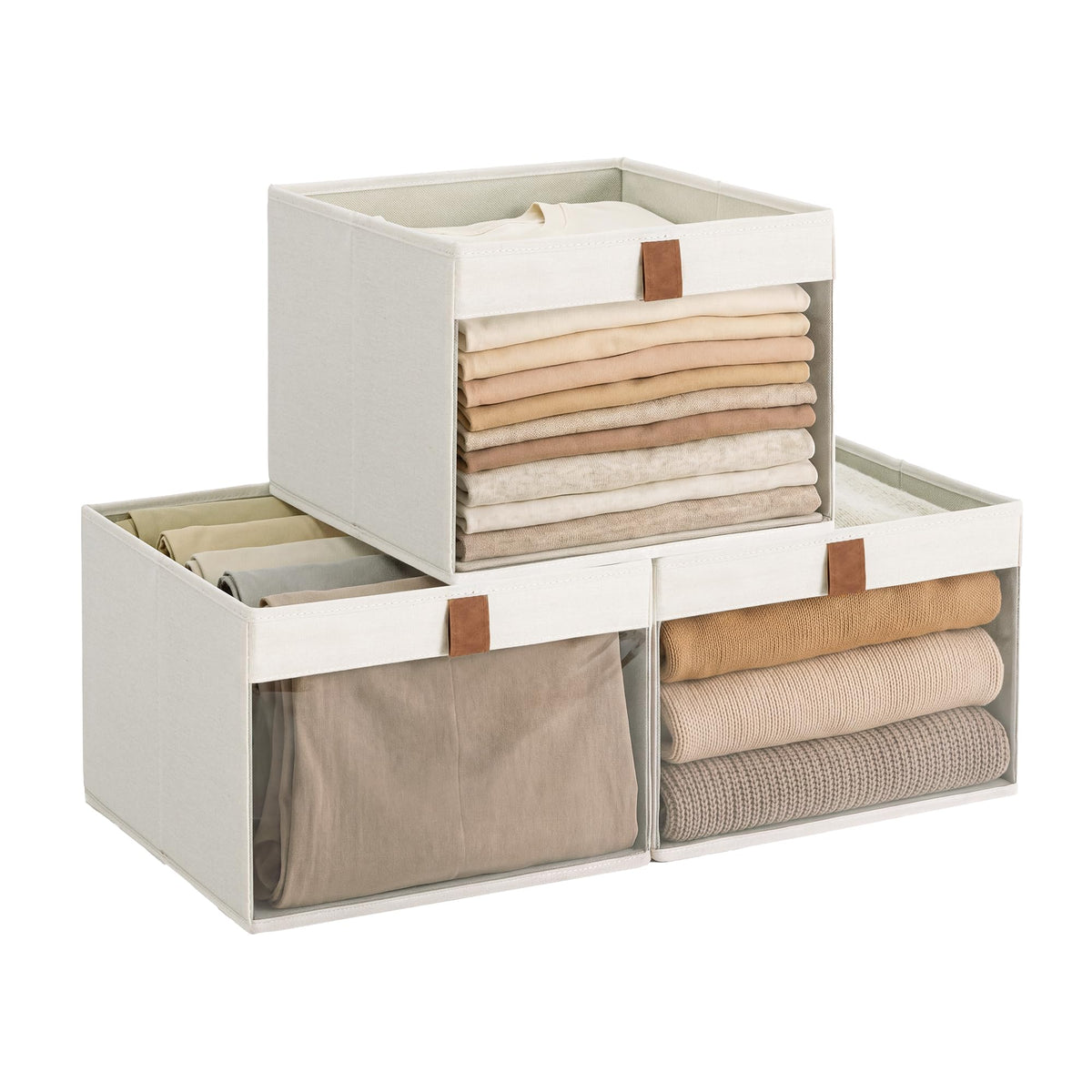 StorageWorks Fabric Storage Bins with Clear Window, Beige, 3-Pack