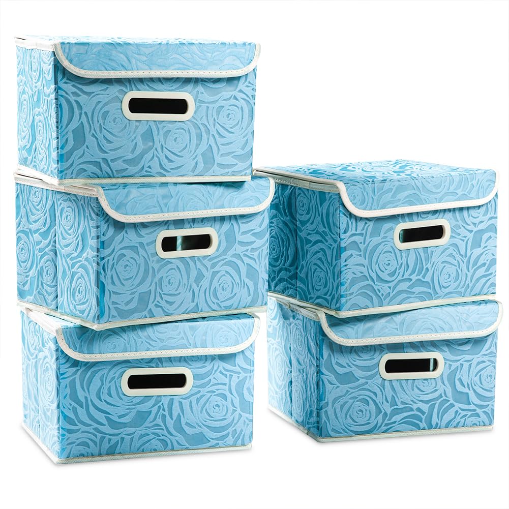 PRANDOM Larger Collapsible Storage Cubes with Lids Fabric Decorative Storage Bins Boxes Organizer Containers Baskets with Cover Handles for Bedroom Closet Living Room Blue 17.7x11.8x11.8 Inch 3 Pack