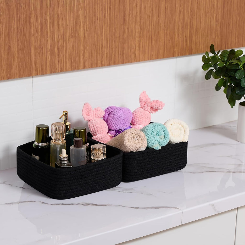 MiniArk Small Square Shallow Baskets for Organizing, 9.7x9.7x4.3 Inch Rope Woven Storage Bins for Cubes Closet, Shelves Storage, Boho Decorative Basket, 2 Packs Black
