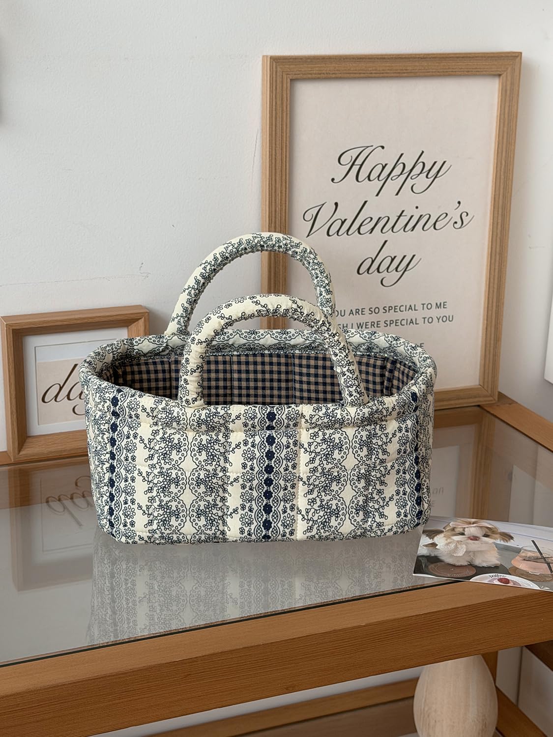 Small Storage Basket Organizer, Mini Fabric Floral Storage Baskets with Handle, Quilted Portable Collapsible Storage (Blue Floral)