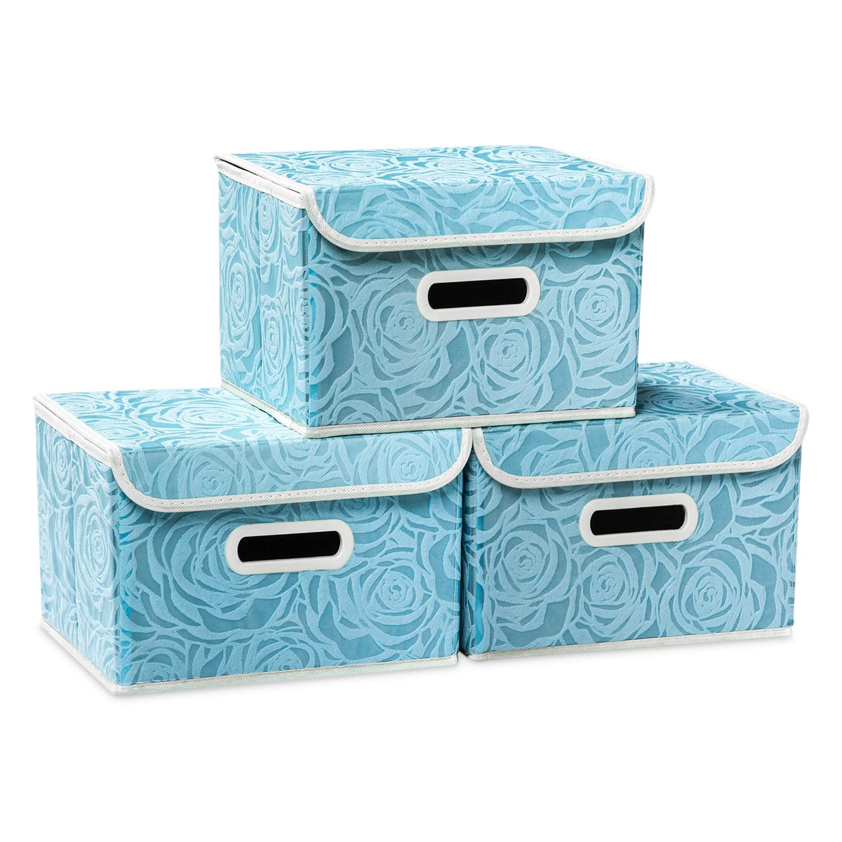 PRANDOM Larger Collapsible Storage Cubes with Lids Fabric Decorative Storage Bins Boxes Organizer Containers Baskets with Cover Handles for Bedroom Closet Living Room Blue 17.7x11.8x11.8 Inch 3 Pack