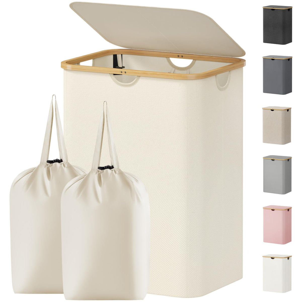 Lifewit 105L Large Laundry Basket with Lid, Removable Bags, Beige