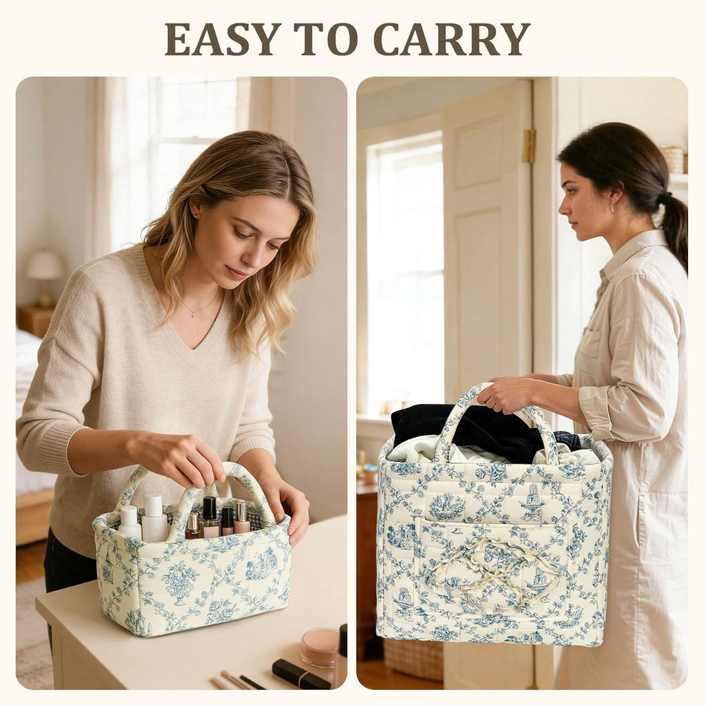 Fabric Storage Basket 2 Pack,Large and Mini Boho Laundry Nursery Hamper Portable Folding Organizer for Car Bedroom (Blue Vine)