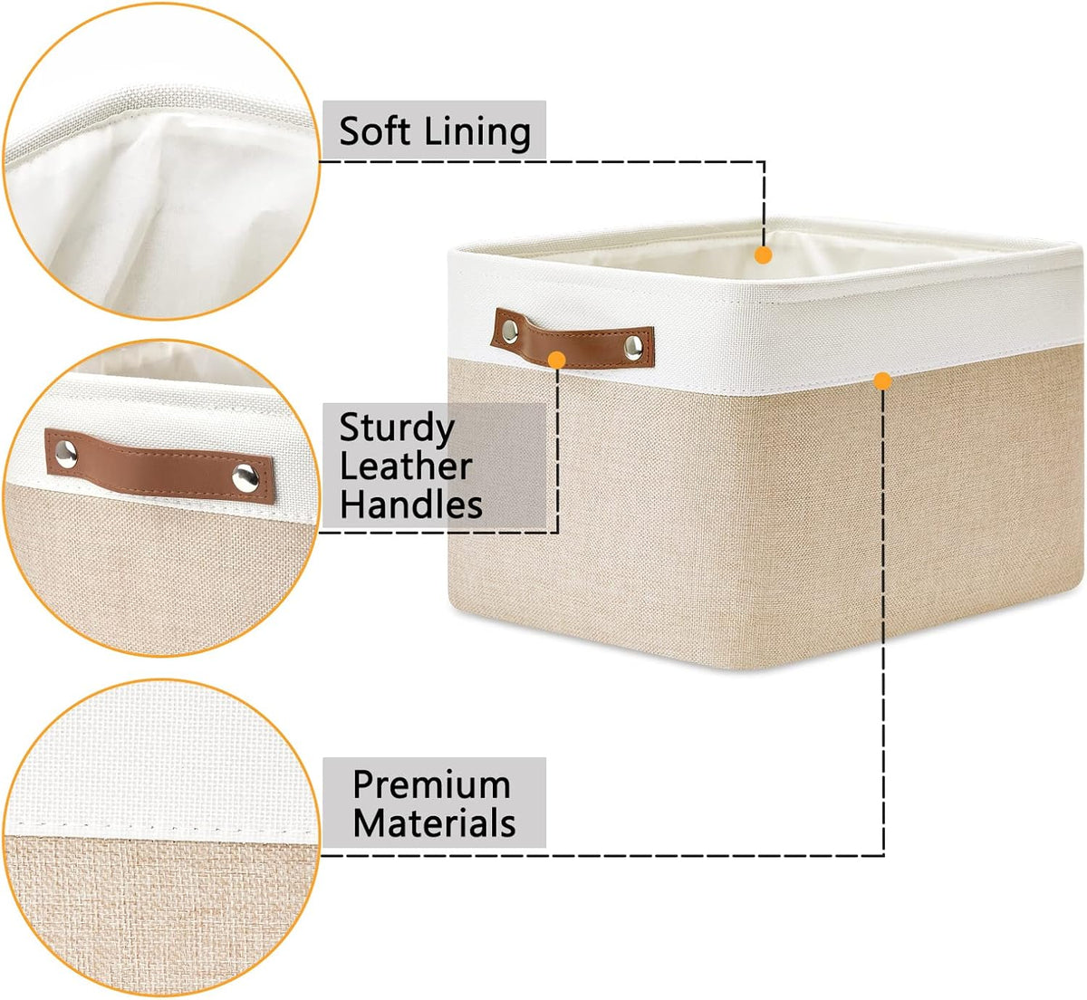DULLEMELO Fabric Storage Bins for Laundry, Home, Foldable Storage Baskets for Shelves, Toys, Collapsible Storage Bins for Office, Closet,Bedroom(White&Khaki,L-15"x11"x9.5",4-Pack)