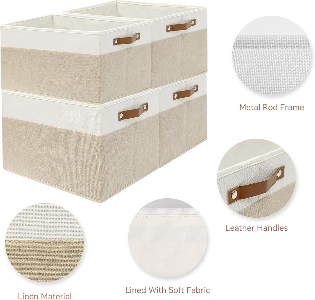 SNWDN 6 Pack Collapsible Fabric Storage Baskets with Handles (White/Beige 15''Lx10.2''Wx9''H)