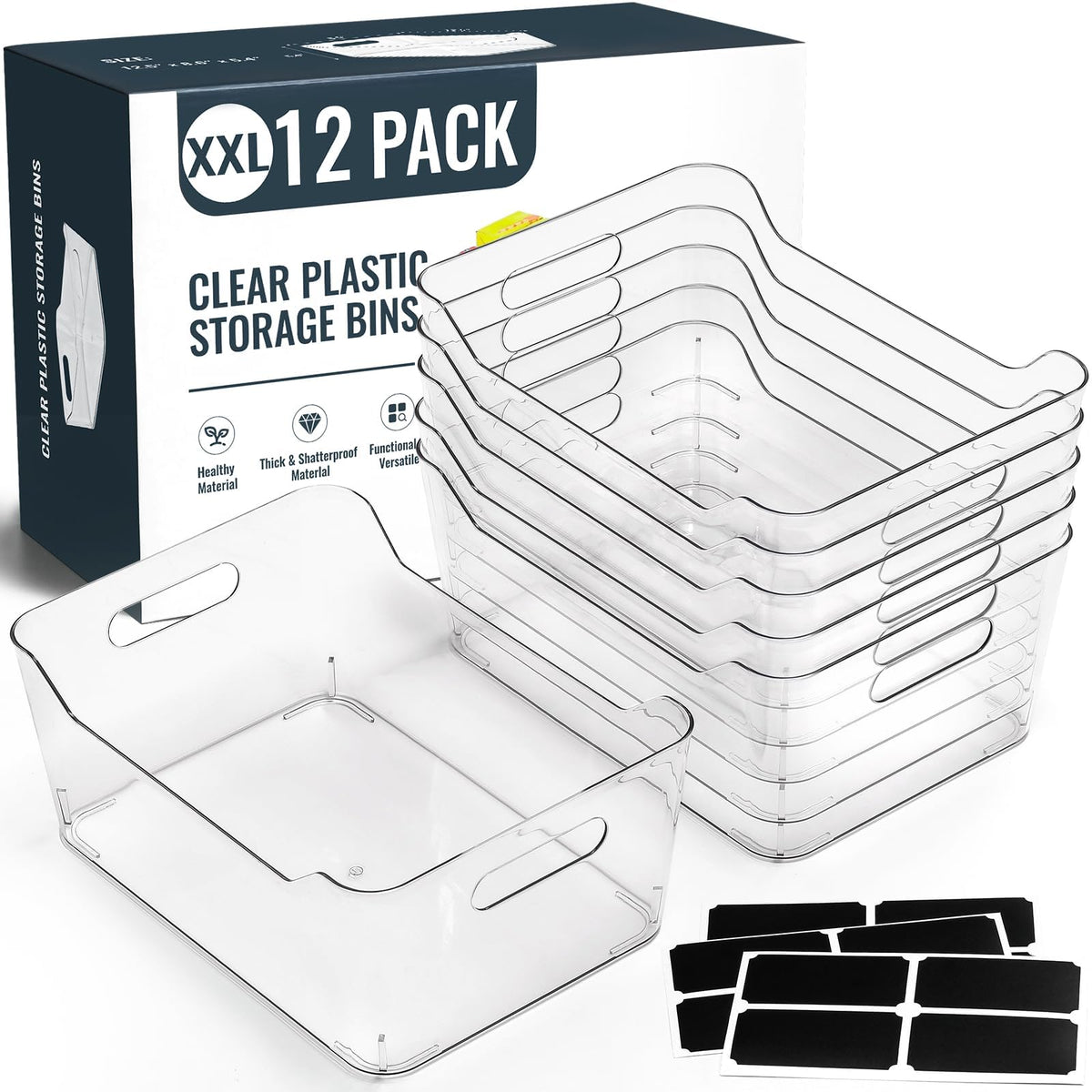 12 PACK Clear Plastic Storage Bins, Kitchen Cabinet Pantry Organizer Bins