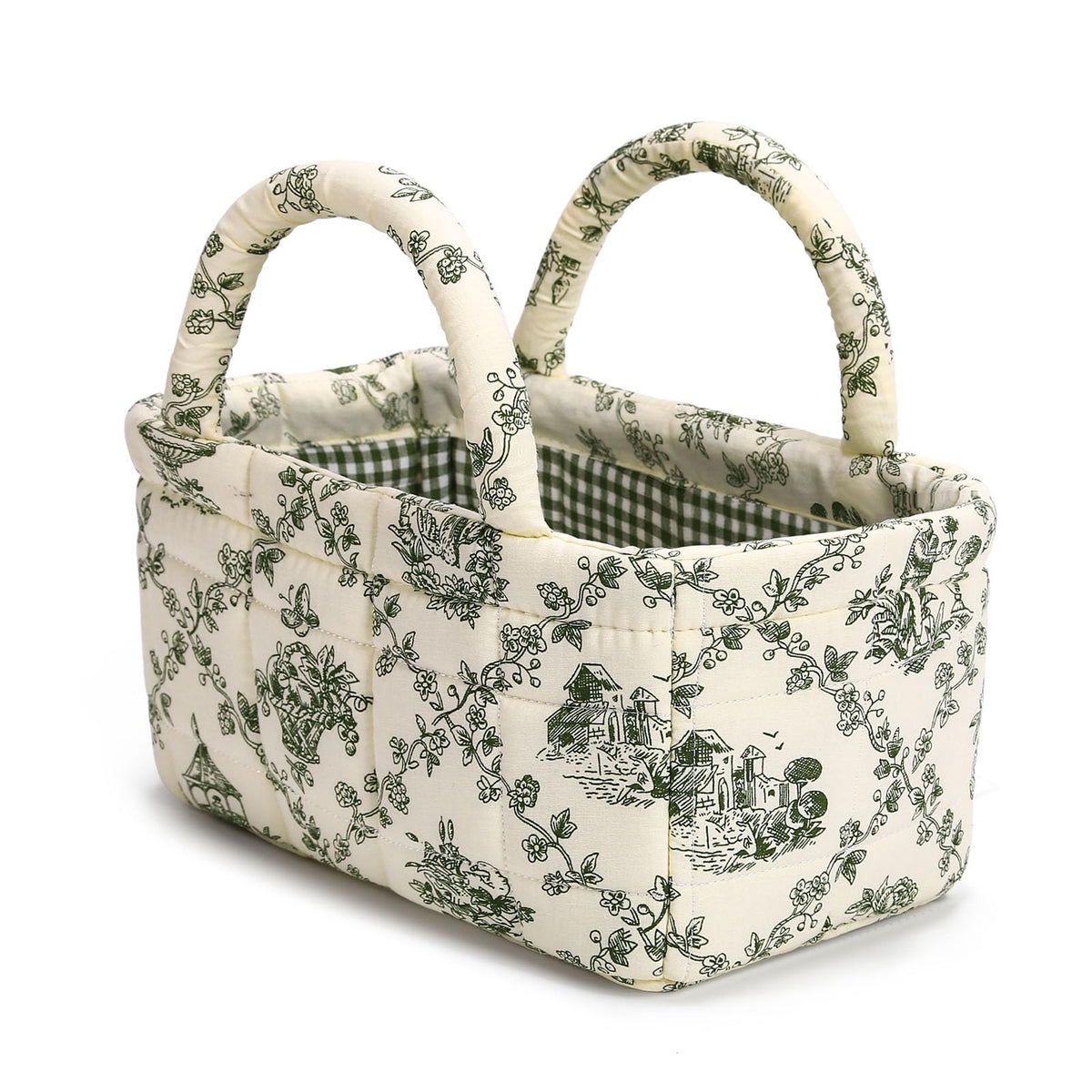 Small Storage Basket Organizer, Mini Fabric Floral Storage Baskets with Handle, Quilted Portable Collapsible Storage (Blue Floral)