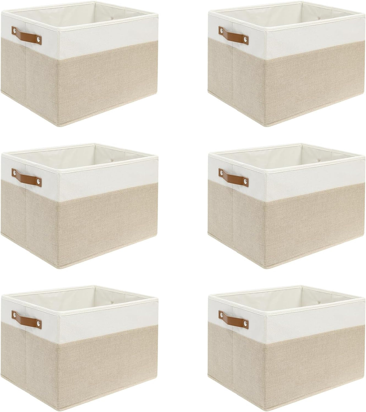 6 Pack Fabric Storage Baskets with Handles (White with Beige,15" L*10.2" W*9" H)
