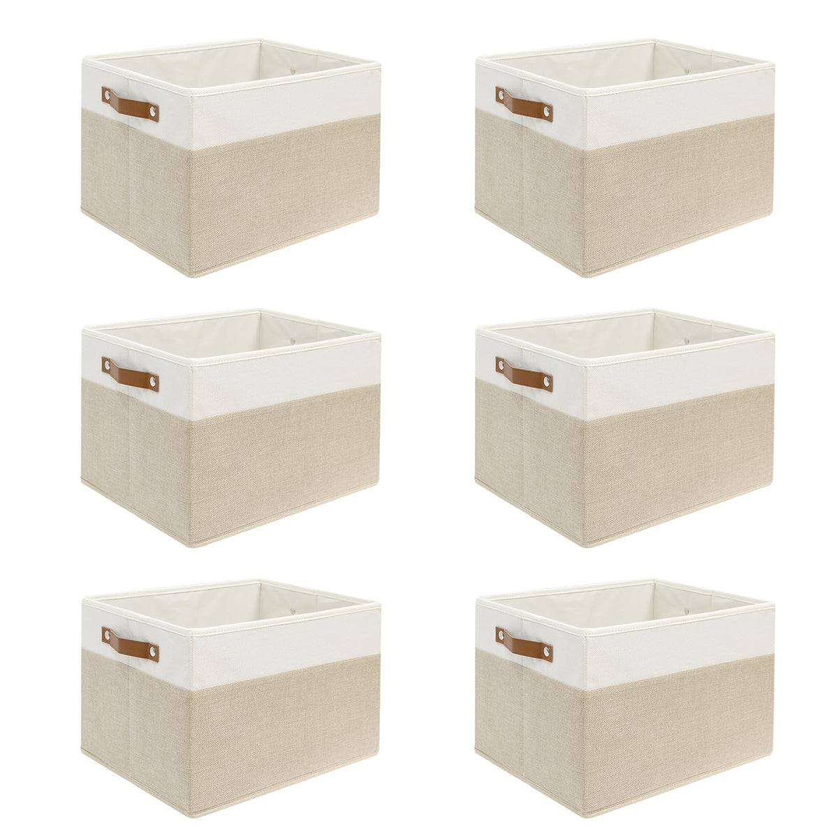 6 Pack Fabric Storage Baskets with Handles (White with Beige,15" L*10.2" W*9" H)