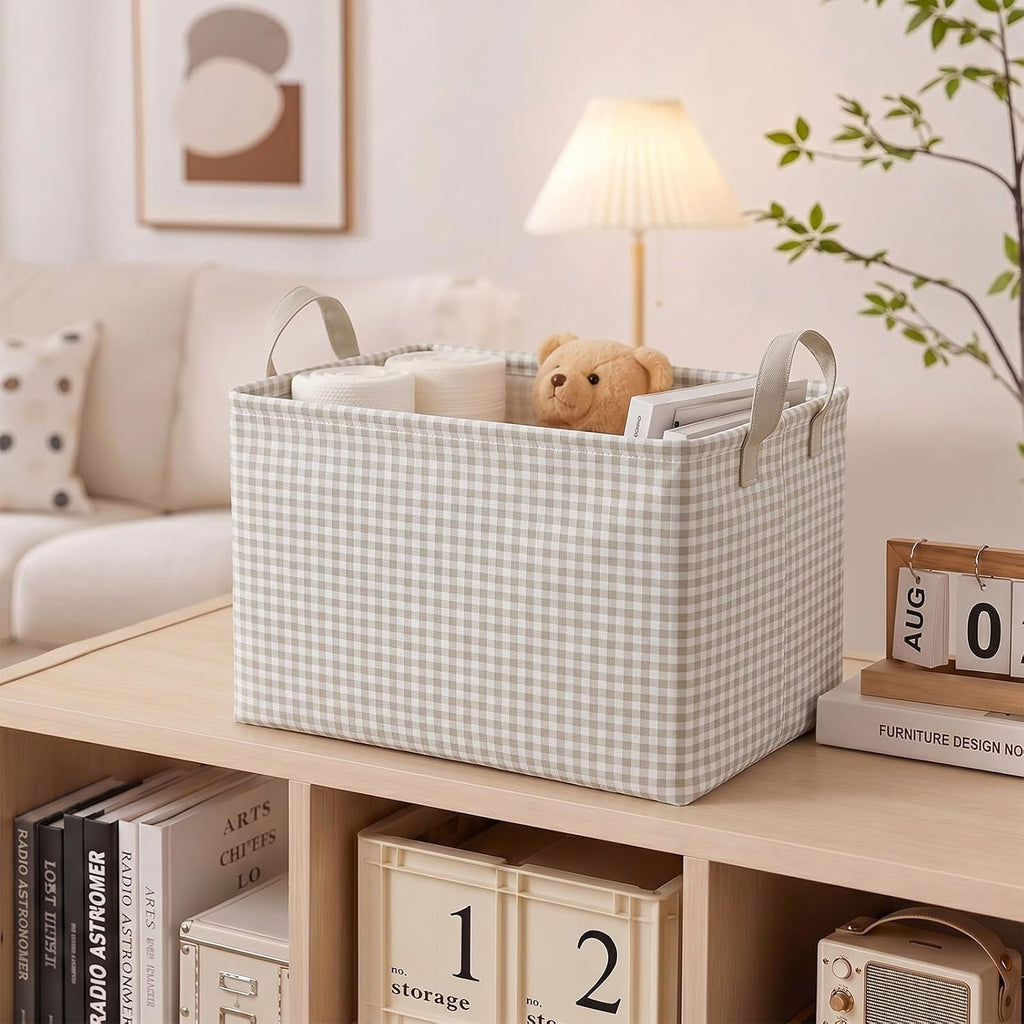 Hushee Khaki Gingham Basket Checkered Storage Collapsible Bin with Handles