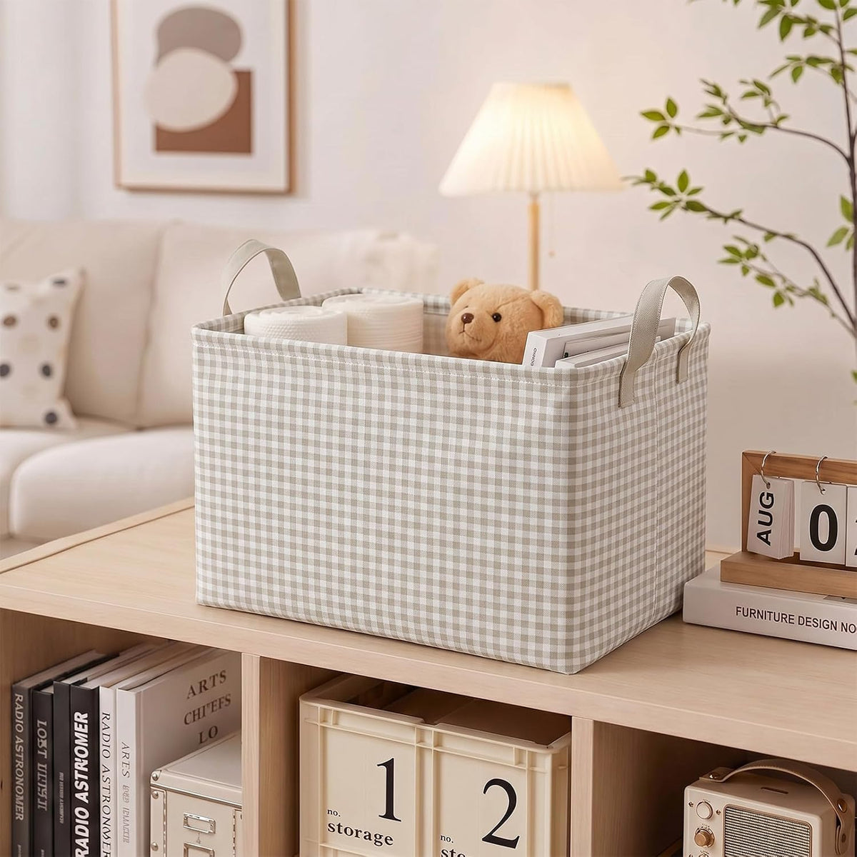 Hushee Khaki Gingham Basket Checkered Storage Collapsible Bin with Handles