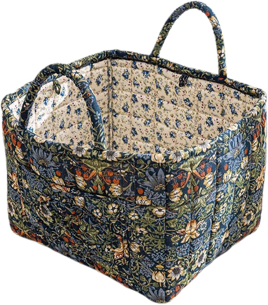 Quilted Fabric Storage Basket with Handles – Boho Foldable Floral Organizer Bin for Home, Picnic, Shopping, Travel 13"x11"x10" (Olive Floral)