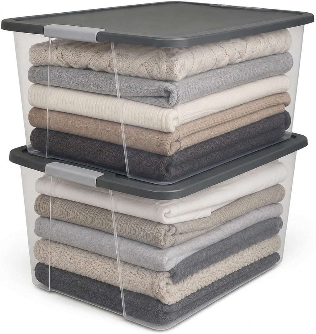 HOMZ Clear Plastic Storage Bin with Secure Latching Gray Lid, 64 Qt, 2 Pack