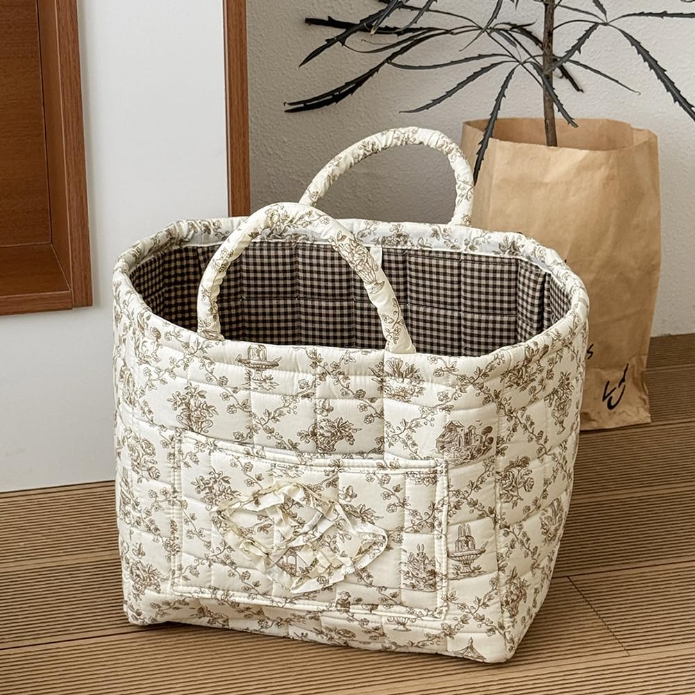 Foldable Laundry Basket Boho Bear Storage Basket Floral Quilted Fabric Car Storage Basket Handles Large Laundry Baskets for Clothes and Dolls