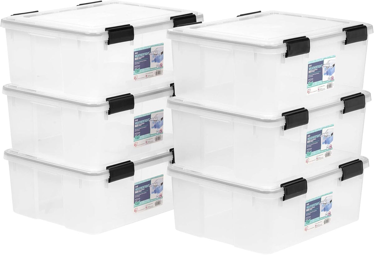 IRIS USA 6-Pack 31 Qt Storage Bins with Gasket Lids, Clear/Black