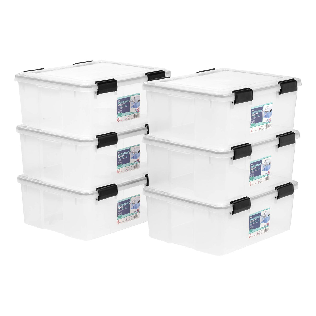 IRIS USA 6-Pack 31 Qt Storage Bins with Gasket Lids, Clear/Black