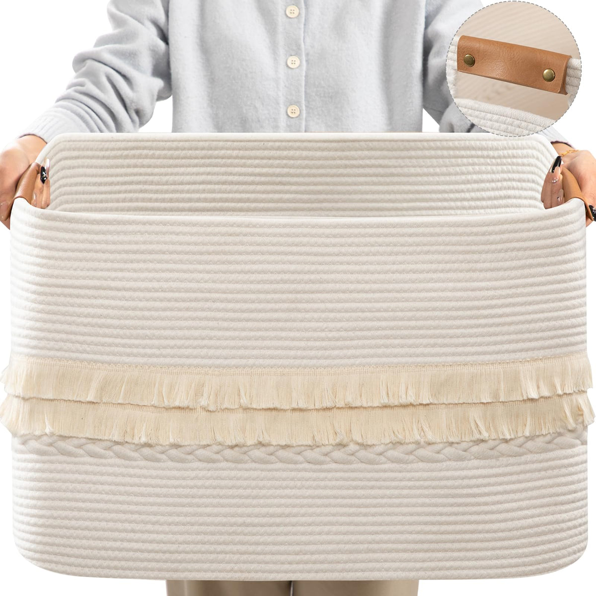 danpinera Blanket Basket, 72L Woven Storage basket with Leather Handle, Eco-friendly Decorative Storage Organization in Bathroom & Living Room for Towels 22 ''*17 ''*11.8 '', Gradient Brown