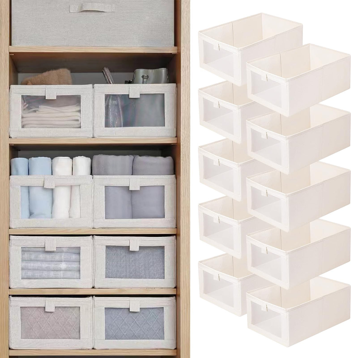 Pradnel Linen Closet Organizers And Storage, 4 Pack Storage Bins Baskets for Organization Foldable Organizer with Clear Window Organizing Clothing, Jeans, Shelves