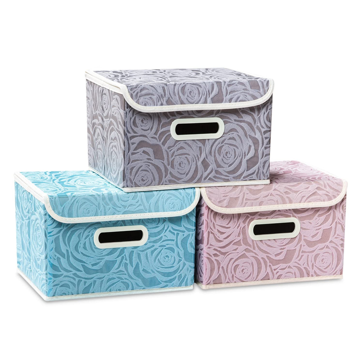 PRANDOM Larger Collapsible Storage Cubes with Lids Fabric Decorative Storage Bins Boxes Organizer Containers Baskets with Cover Handles for Bedroom Closet Living Room Blue 17.7x11.8x11.8 Inch 3 Pack