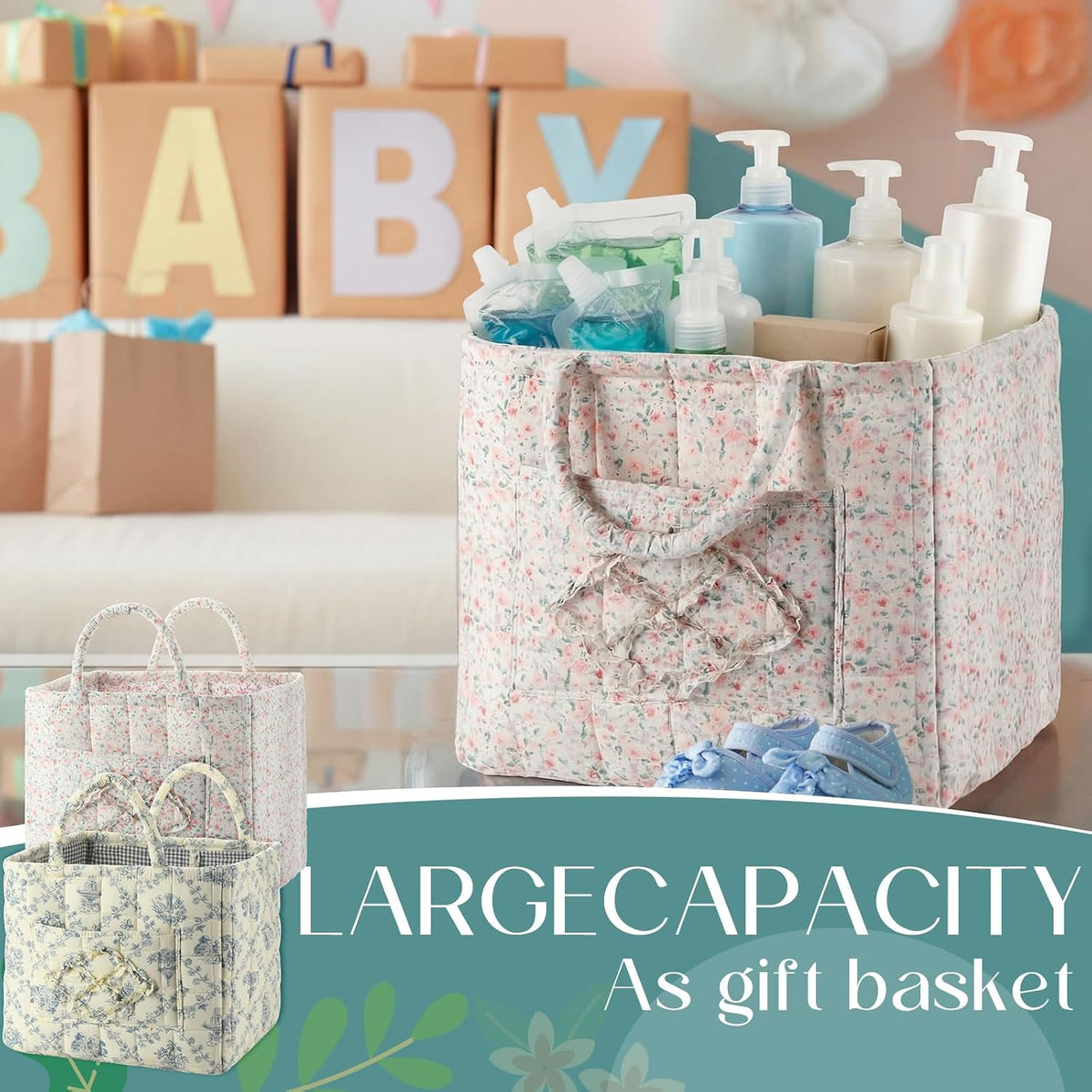 2 Pcs Boho Fabric Storage Basket, Blue & Pink Floral
