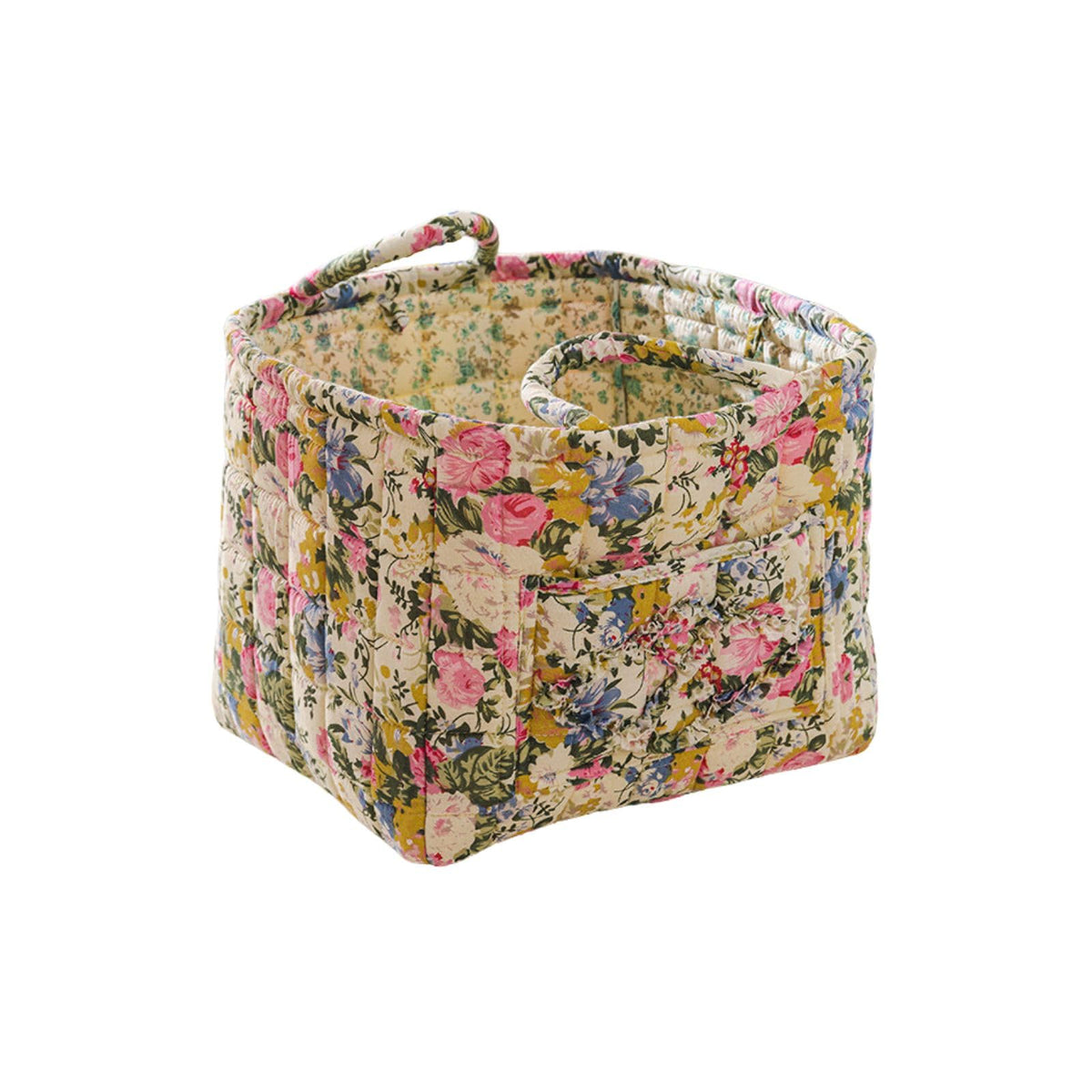 Quilted Fabric Storage Basket with Handles – Boho Foldable Floral Organizer Bin for Home, Picnic, Shopping, Travel 13"x11"x10" (Olive Floral)
