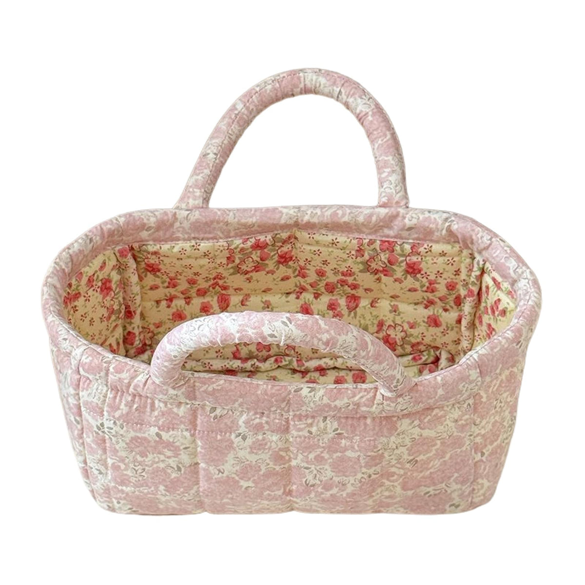 Small Storage Basket Organizer, Mini Fabric Floral Storage Baskets with Handle, Quilted Portable Collapsible Storage (Blue Floral)