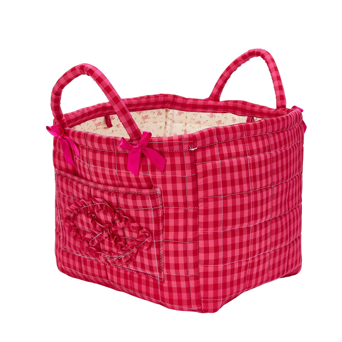 Boho Fabric Storage Basket Quilted Floral Print Baskets Organizer Bin with Handles for Home, Picnic, Shopping (Green, L)