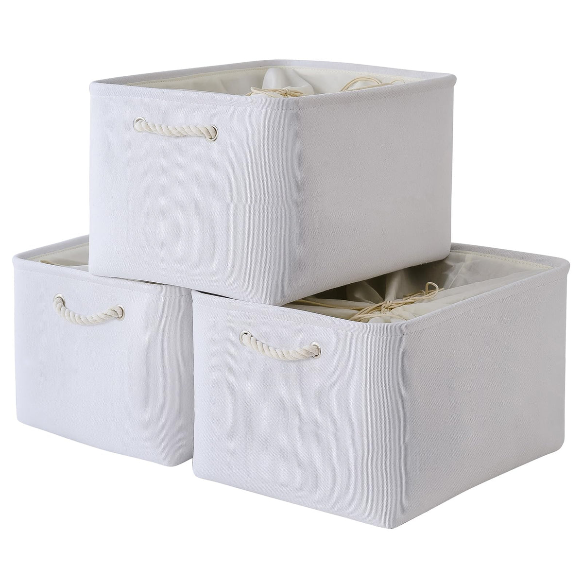 TheWarmHome Storage Basket for Organizing - Medium 3 Pack 14x10x7 inch Fabric Storage Cubes for Shelves with Rope, Collapsible Storage Bin for Organizer Closet Cloth Gift Toy (White & Jean Blue)