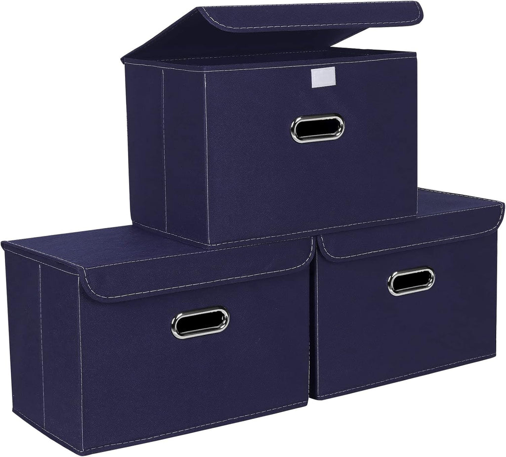 STOREONE Fabric Storage Cube Bins Foldable Organizer Container Collapsible Basket with Lids and Metal Handles, for Home, Bedroom, Closet 3 Pcs (Navy Blue)