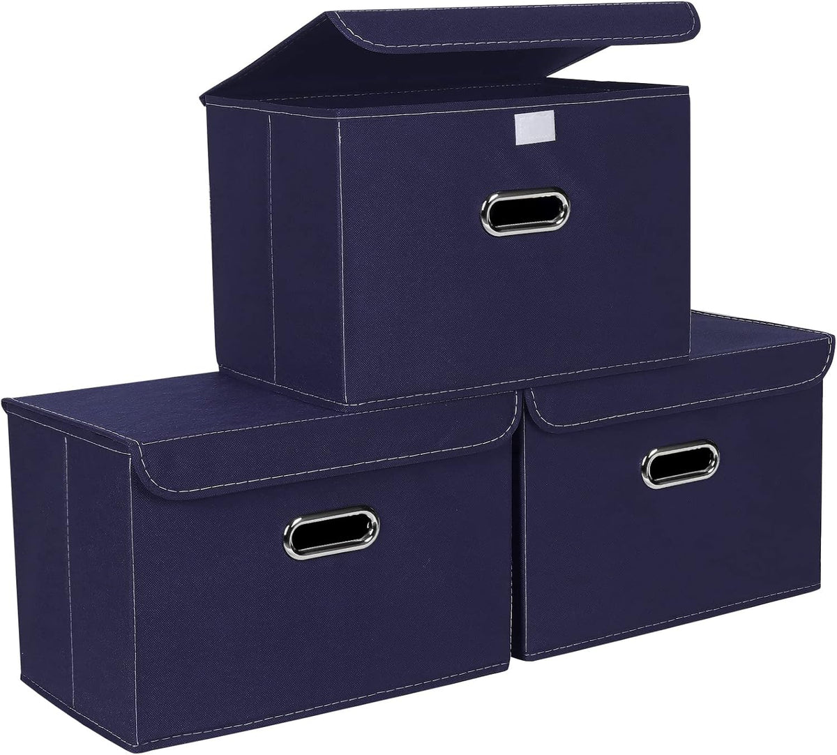 STOREONE Fabric Storage Cube Bins Foldable Organizer Container Collapsible Basket with Lids and Metal Handles, for Home, Bedroom, Closet 3 Pcs (Navy Blue)