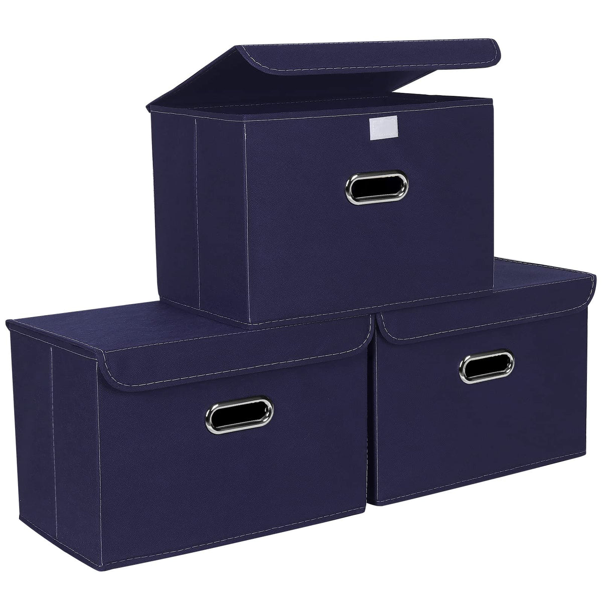 STOREONE Fabric Storage Cube Bins Foldable Organizer Container Collapsible Basket with Lids and Metal Handles, for Home, Bedroom, Closet 3 Pcs (Navy Blue)
