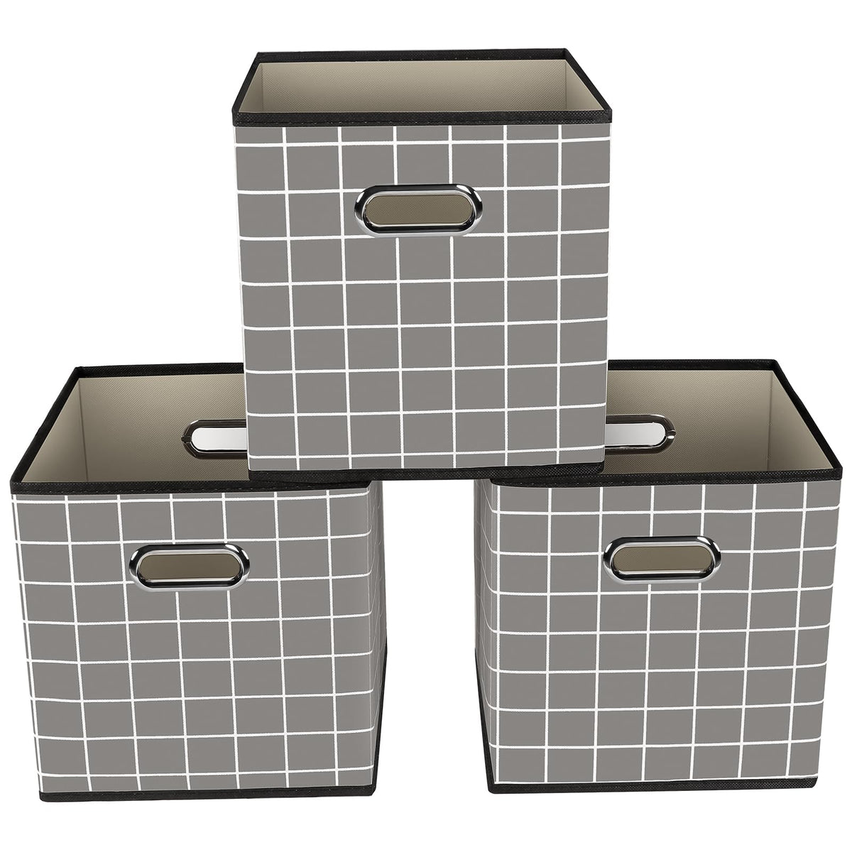 Yunkeeeper storage bins Cubes, Fabric Cube Organizer with Handle, Foldable Cube Bins for Cloth or Accessary Storage, 11x11x11, Set of 3,(Gray)