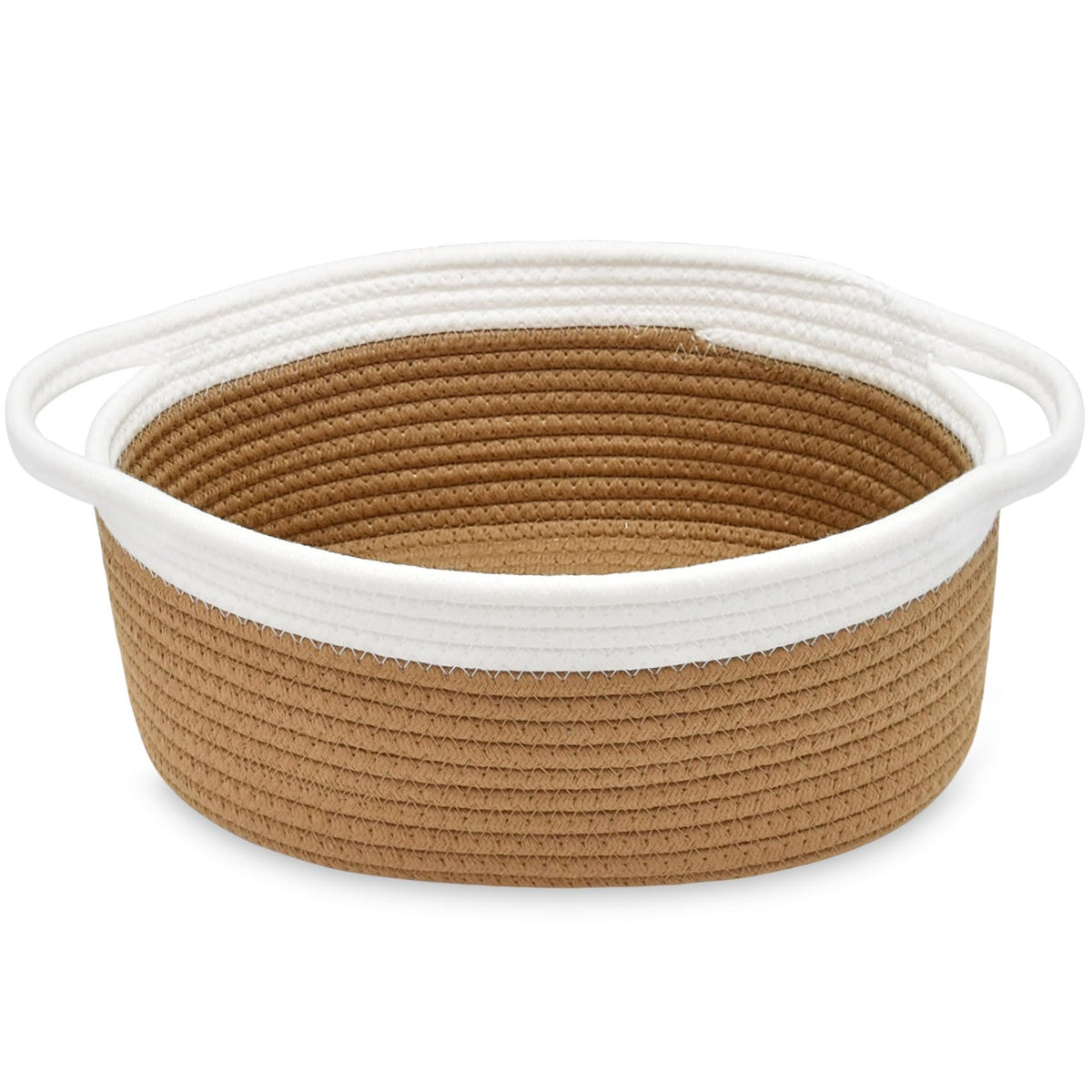 ABenkle Small Basket with Handles, Boho Decorative Rope Woven Dog Cat Toy Storage Bin Shelf Storage Organizer, Easter Christmas Gift Basket, 12"x8"x5", White