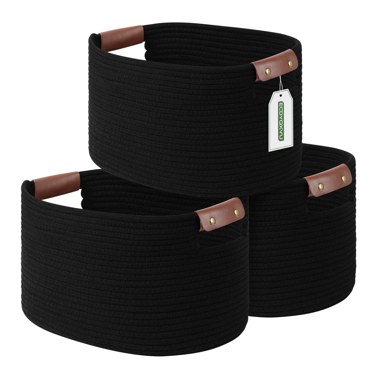 ECDYQXVU 15x10x9 Woven Cotton Rope Storage Basket, Leather Handles 1 Pack