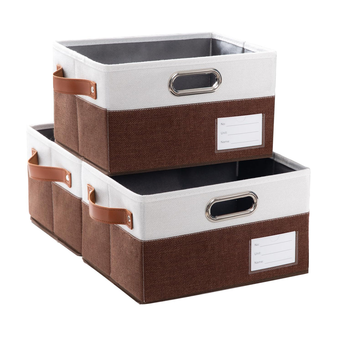 PRANDOM Large Foldable Storage Bins for Shelves [3-pack] Decorative Linen Fabric Storage Baskets Cubes with Leather/Metal Handles for Closet Nursery Office Grey and Black Trim (14.9x9.8x8.3 Inch)