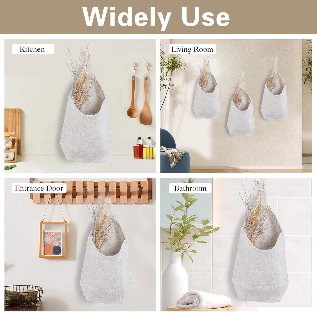 100% Linen Hanging Storage Bags Baskets 2 Pcs, Small Wall Storage Bag for Kitchen, Bedroom, RV Camper Organizer, Sewing Room, Nursery Storage, Kids Room, Linen