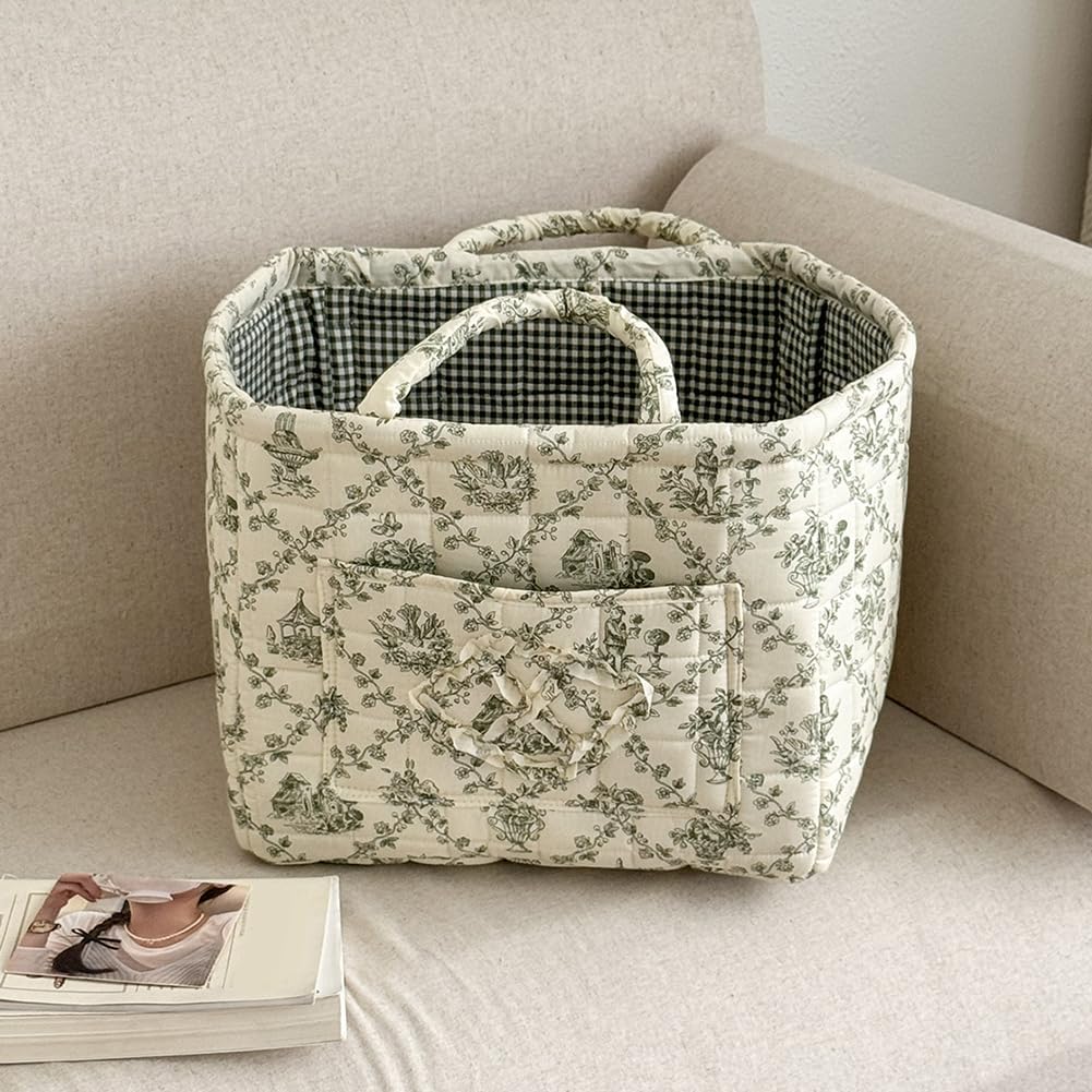 Foldable Laundry Basket Boho Bear Storage Basket Floral Quilted Fabric Car Storage Basket Handles Large Laundry Baskets for Clothes and Dolls