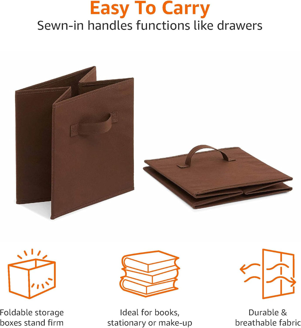 Amazon Basics Collapsible Fabric Storage Bins with Handles, Cube Organizer, Lightweight Fabric, 10.5"x10.5"x11", Brown, 6-Pack
