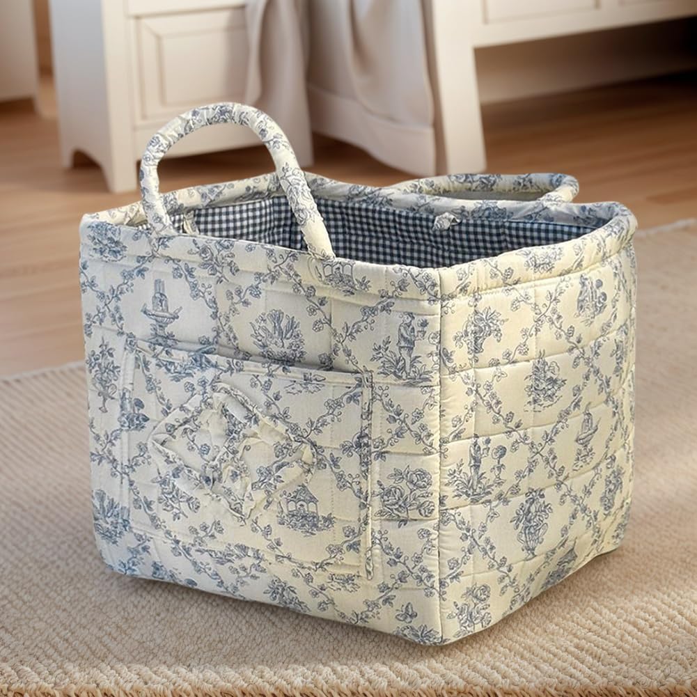 Foldable Laundry Basket Boho Bear Storage Basket Floral Quilted Fabric Car Storage Basket Handles Large Laundry Baskets for Clothes and Dolls